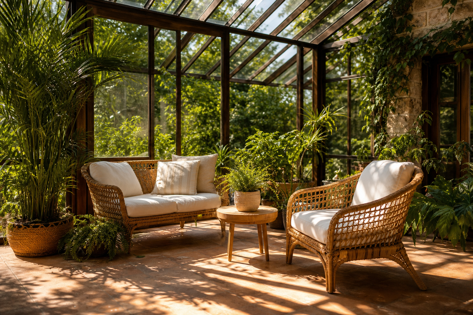 Cozy atrium interior with seating and greenery, sunlight streaming in