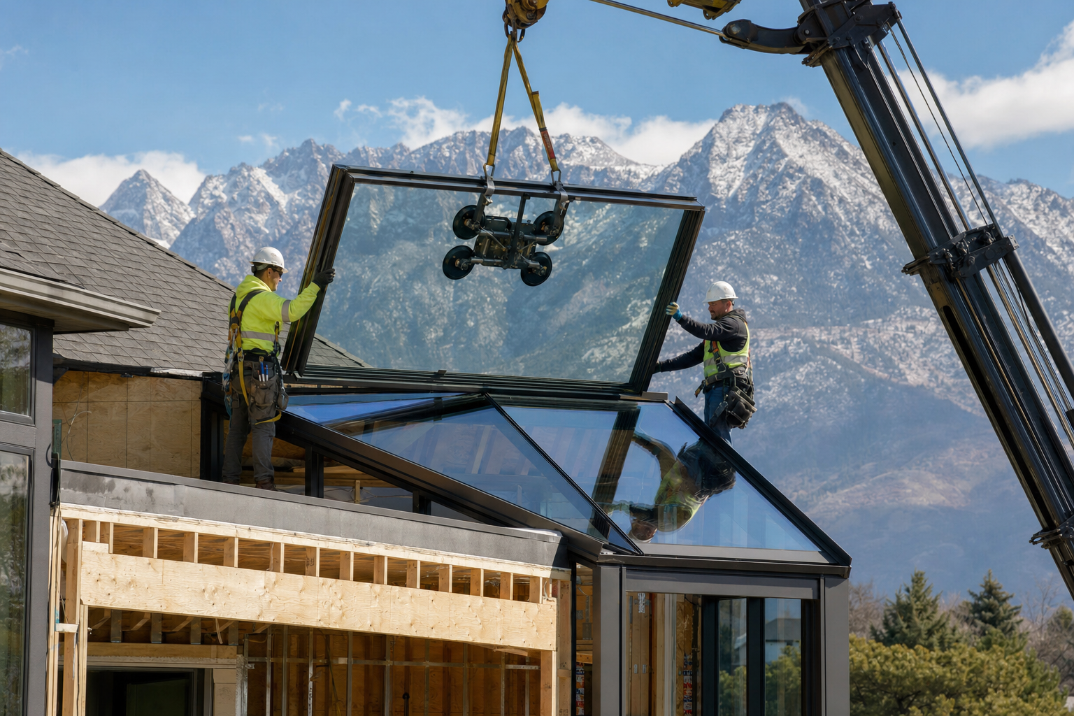 Construction crew installing a large glass atrium roof panel